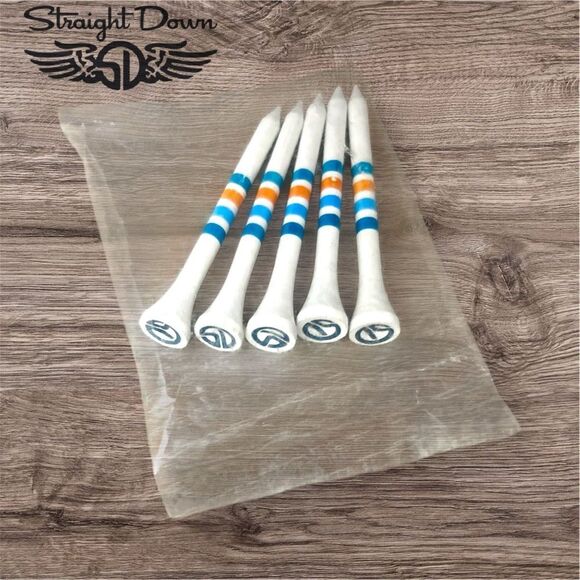 Straight Down White Wooden Golf Tees with Blue, Orange, and Green Stripes 2.75in - Picture 1 of 4